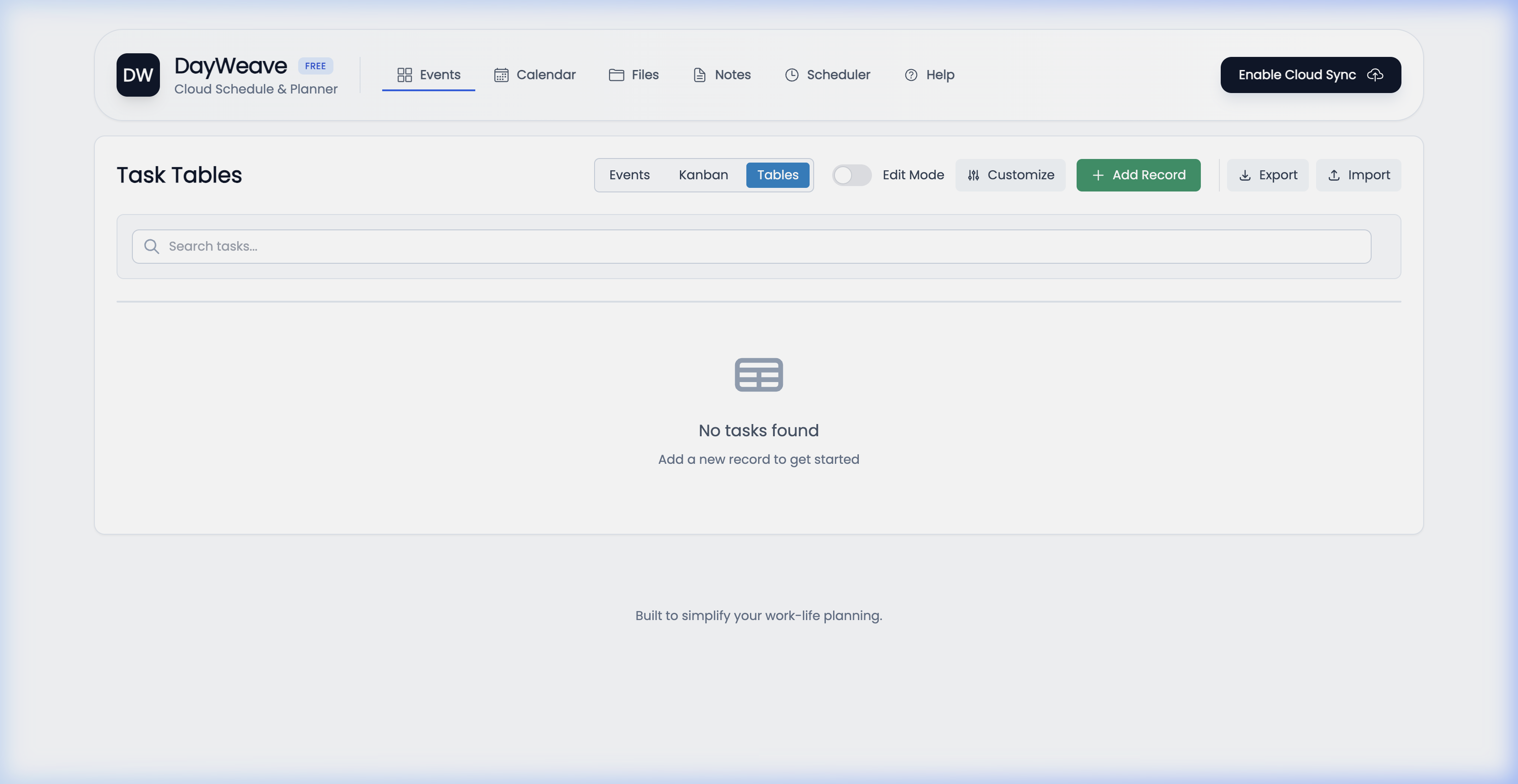 Tables tab screenshot